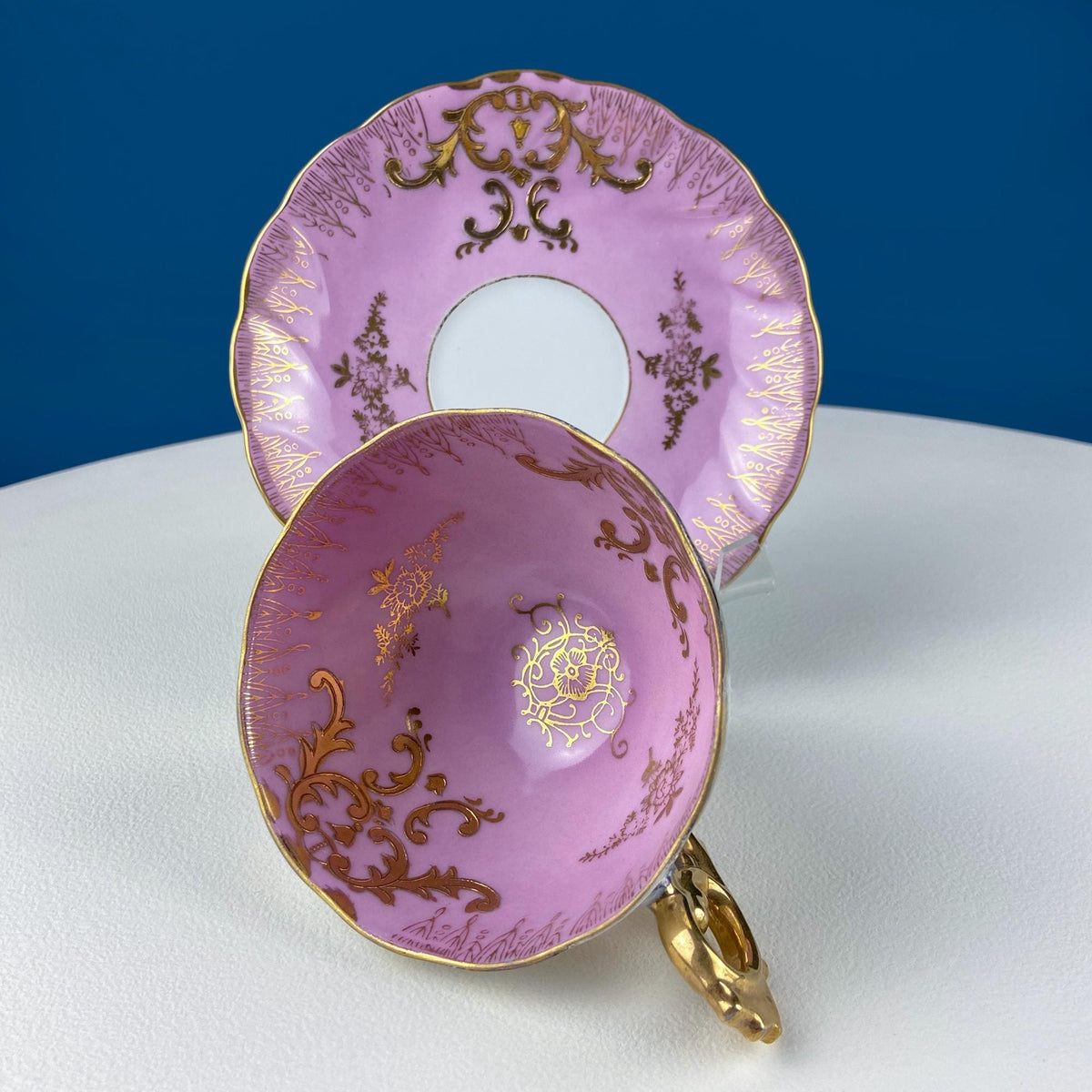 Vintage Pink Tea Cups and Saucers with  Gold Accents. Set of 2 Cups. Different Motifs. Hand Painted Fruit. Gift for Couple. Tea Lovers.