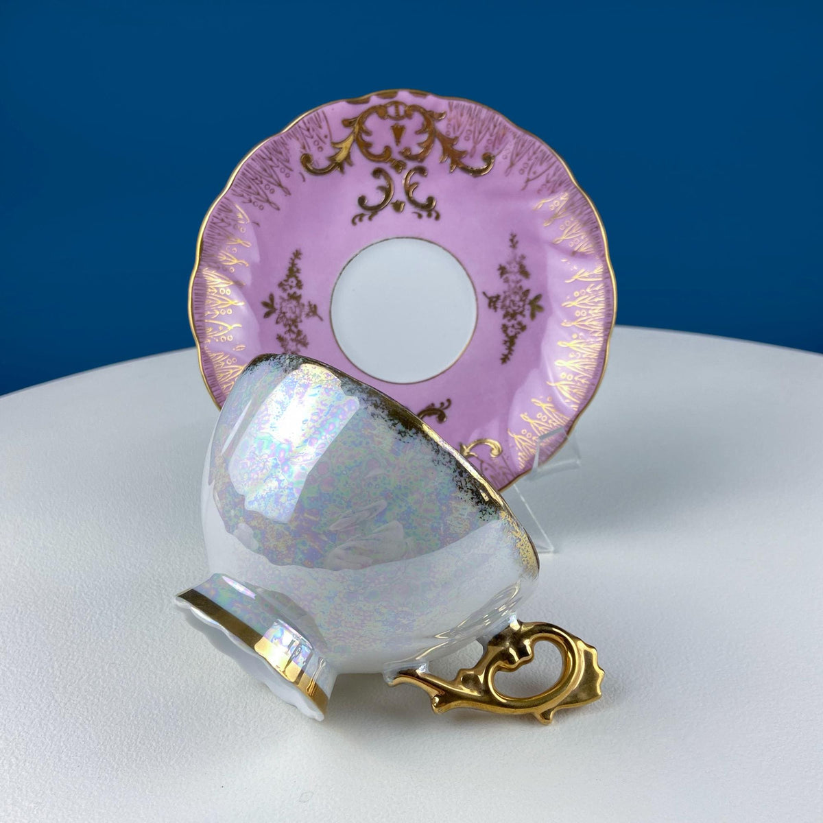 Vintage Pink Tea Cups and Saucers with  Gold Accents. Set of 2 Cups. Different Motifs. Hand Painted Fruit. Gift for Couple. Tea Lovers.