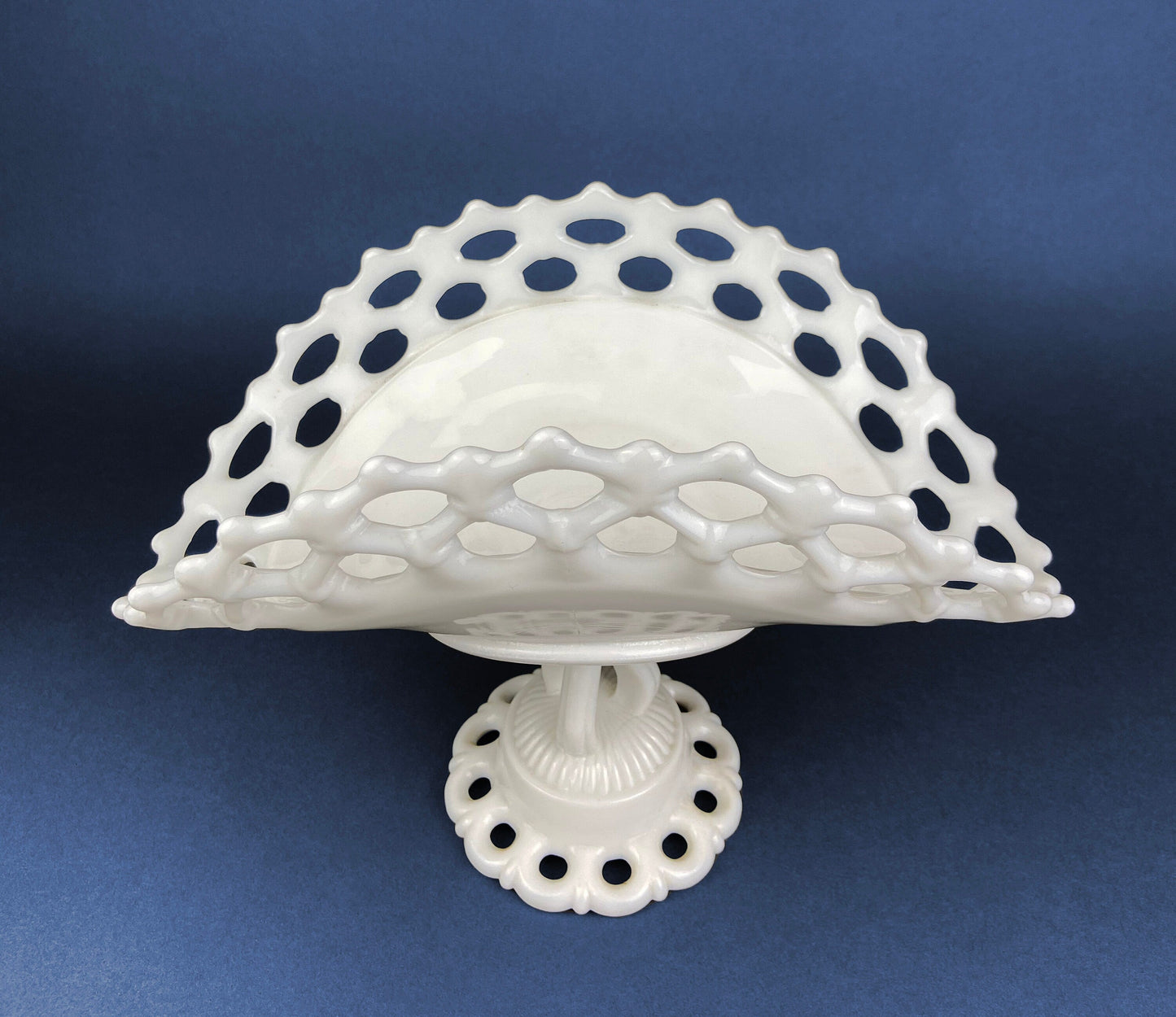 Banana Bowl. Westmoreland Vintage Milk Glass Pedestal Bowl. Reticulated Edge and Doric Stand. Table Centerpiece.