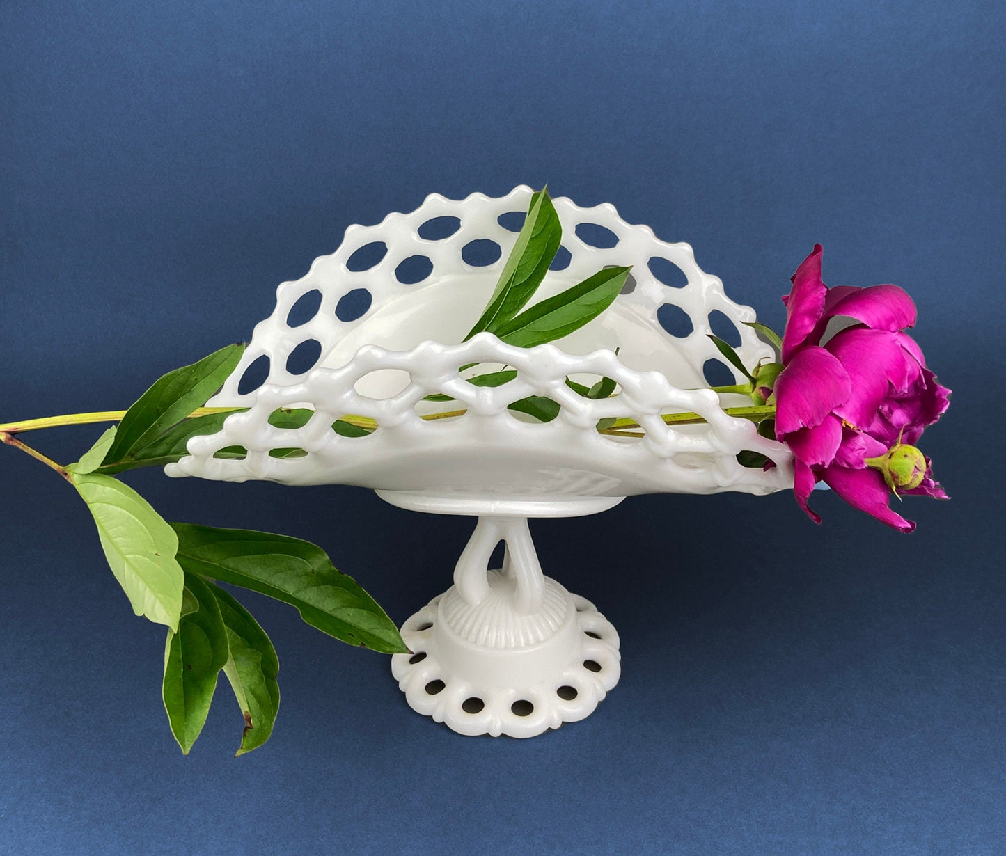 Banana Bowl. Westmoreland Vintage Milk Glass Pedestal Bowl. Reticulated Edge and Doric Stand. Table Centerpiece.