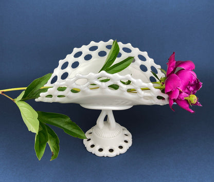 Banana Bowl. Westmoreland Vintage Milk Glass Pedestal Bowl. Reticulated Edge and Doric Stand. Table Centerpiece.