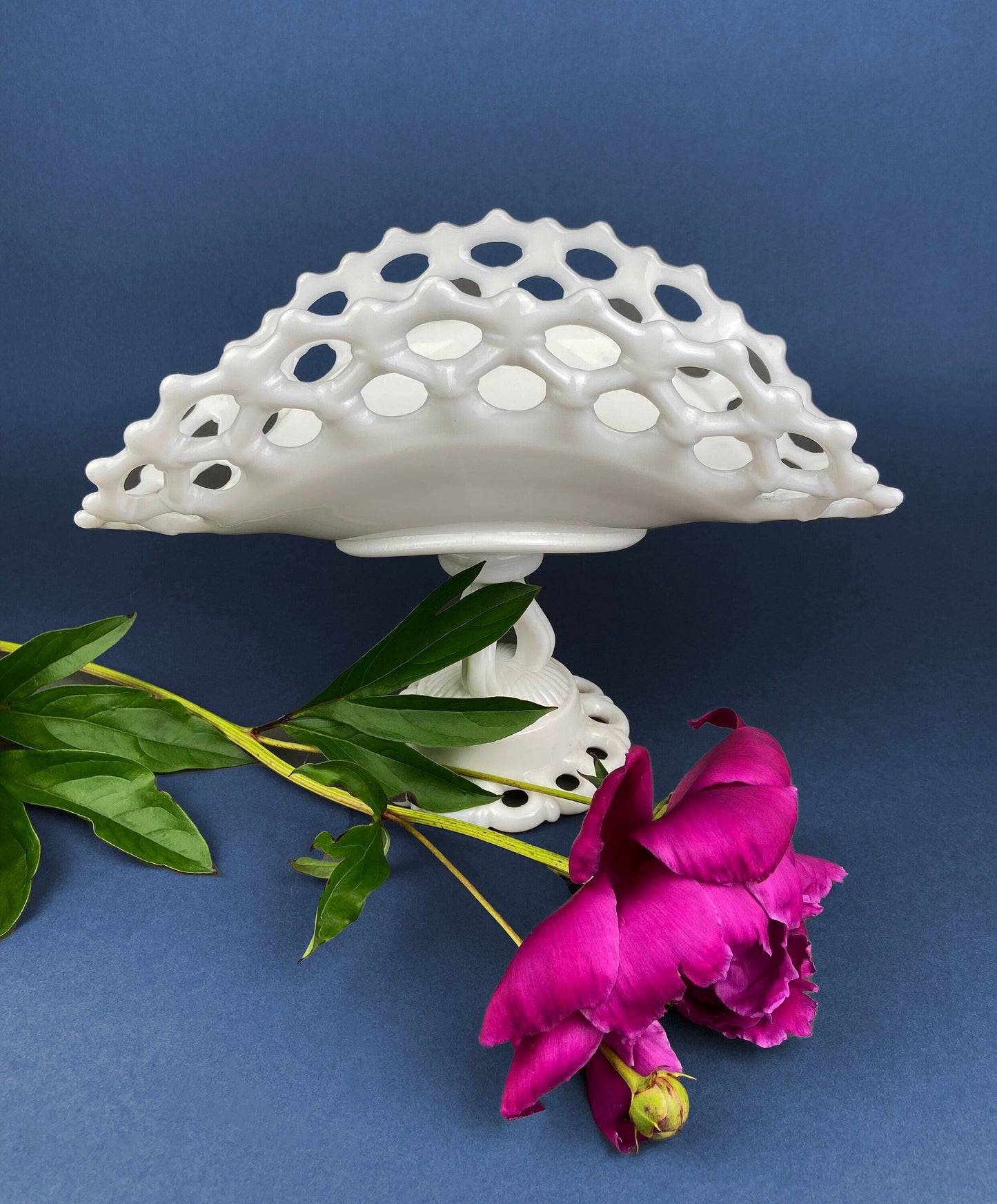 Banana Bowl. Westmoreland Vintage Milk Glass Pedestal Bowl. Reticulated Edge and Doric Stand. Table Centerpiece.