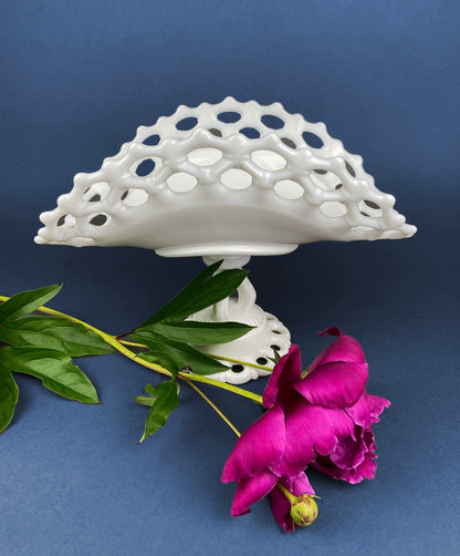 Banana Bowl. Westmoreland Vintage Milk Glass Pedestal Bowl. Reticulated Edge and Doric Stand. Table Centerpiece.