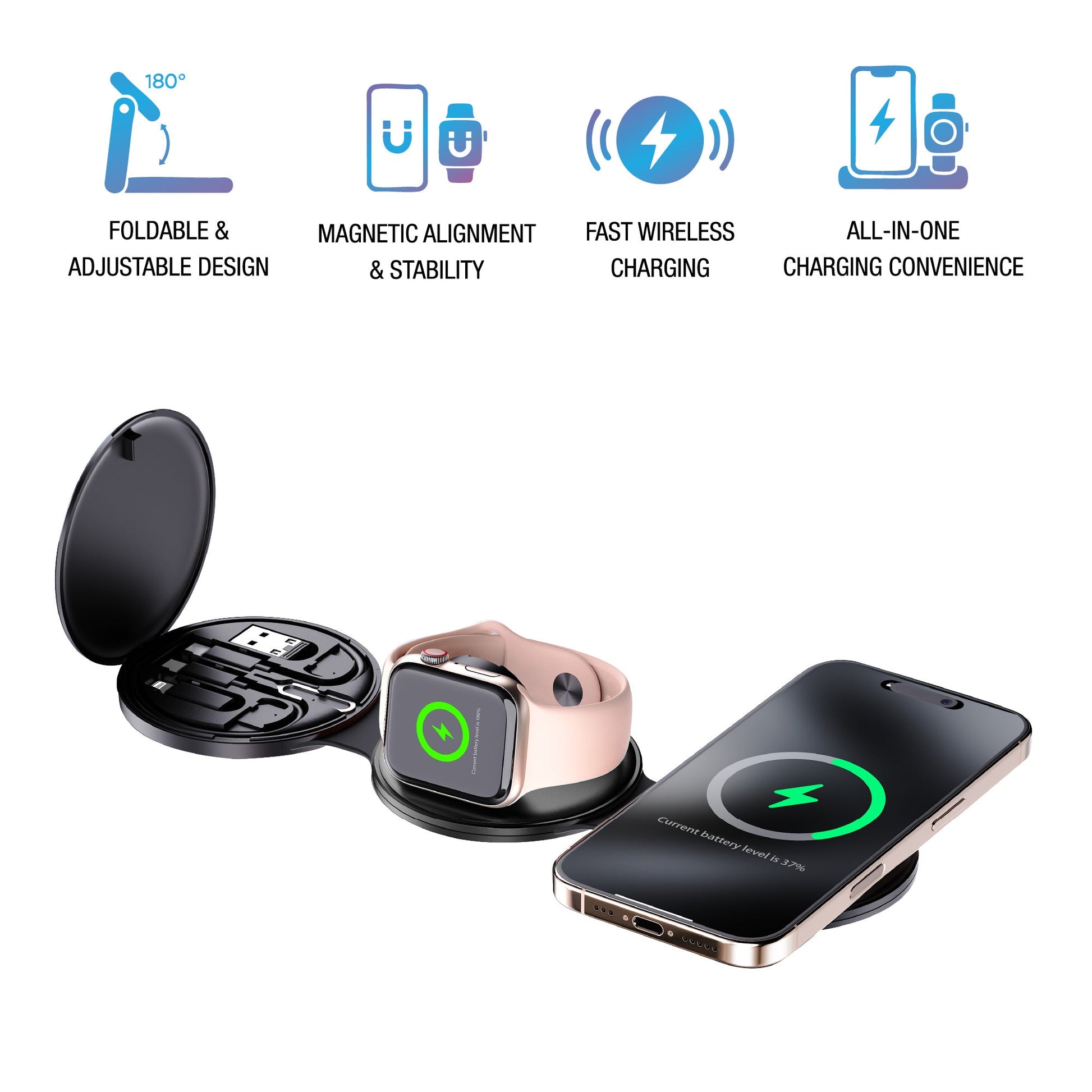 Ultimate 5-in-1 Tech Bundle: Folding Wireless Charger & Multi-Function Bedside Alarm Clock-1