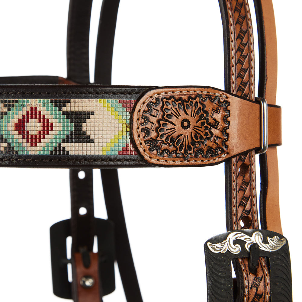 WD-SBH3 Turquoise And Rust Embossed Beadwork Browband Headstall