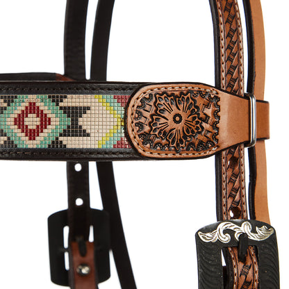 WD-SBH3 Turquoise And Rust Embossed Beadwork Browband Headstall