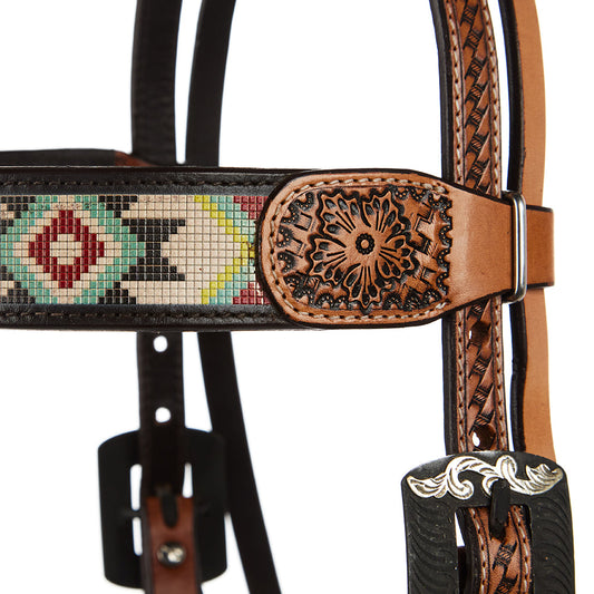 WD-SBH3 Turquoise And Rust Embossed Beadwork Browband Headstall