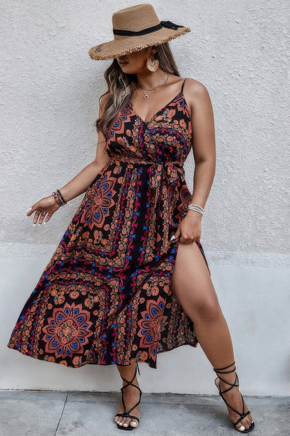 Plus Size Floral Belted Cami Boho Long Dress