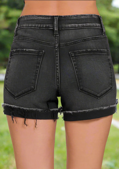 Zenana Washed Black Cuffed Denim Shorts