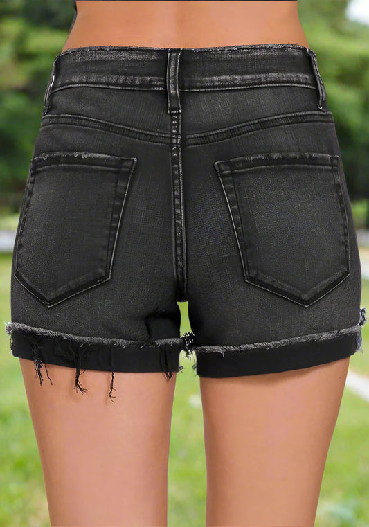 Zenana Washed Black Cuffed Denim Shorts