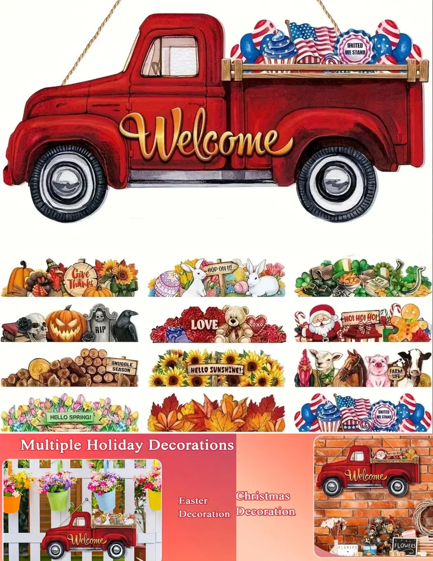 Red Truck Welcome Sign Door Hanger – 13pcs Interchangeable Wooden Farmhouse Porch Decorations with 12 Holiday Icons