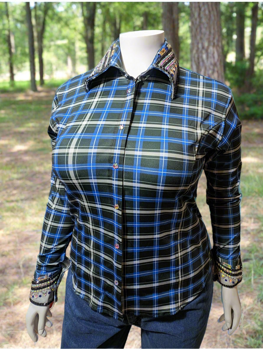 Blue & Black Plaid Jeweled Western Show Shirt