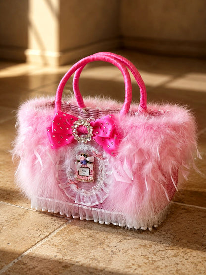 Pink Feather Wicker Pet Carrier Basket