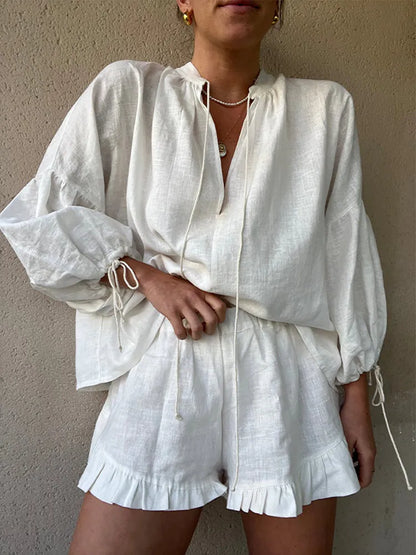 Women's Solid Cotton Linen Ruffle Shorts Suit V-neck Long Sleeve Drawstring Loose 2 Pieces Set