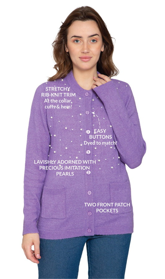Women's Faux Pearl Button Cardigan — Cashmere-Like Soft Knit