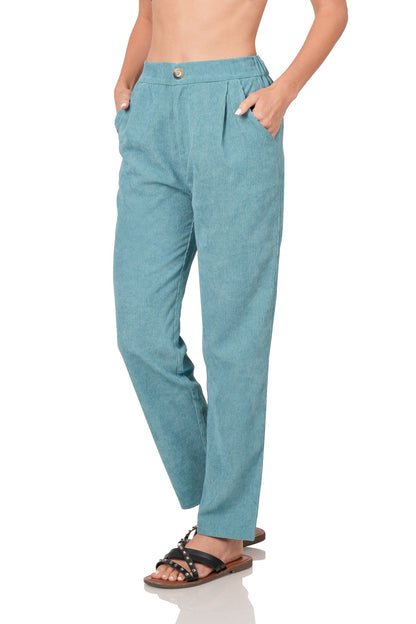 Women’s High Rise Corduroy Pants – Elastic Waistband & Side Pockets