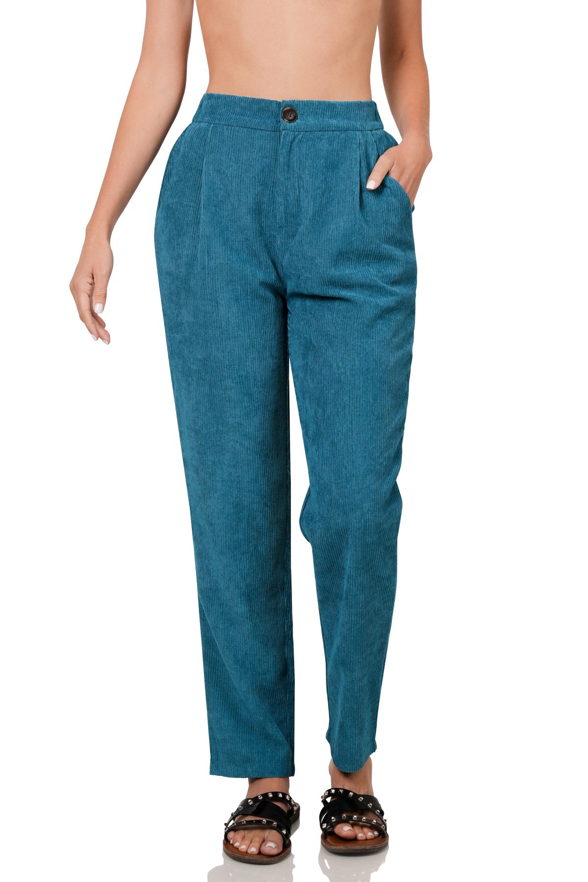 Women’s High Rise Corduroy Pants – Elastic Waistband & Side Pockets