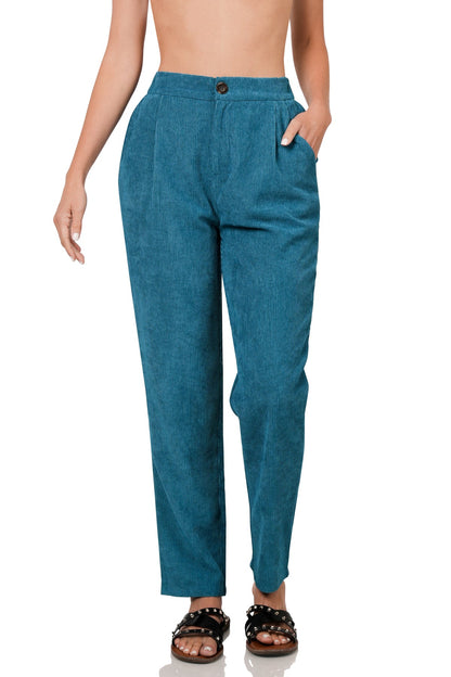 Women’s High Rise Corduroy Pants – Elastic Waistband & Side Pockets