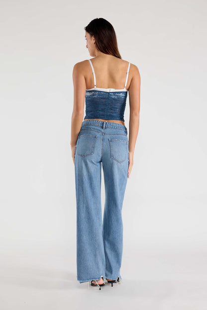 Low Waist Baggy Wide Leg Jeans with Chewed Hem