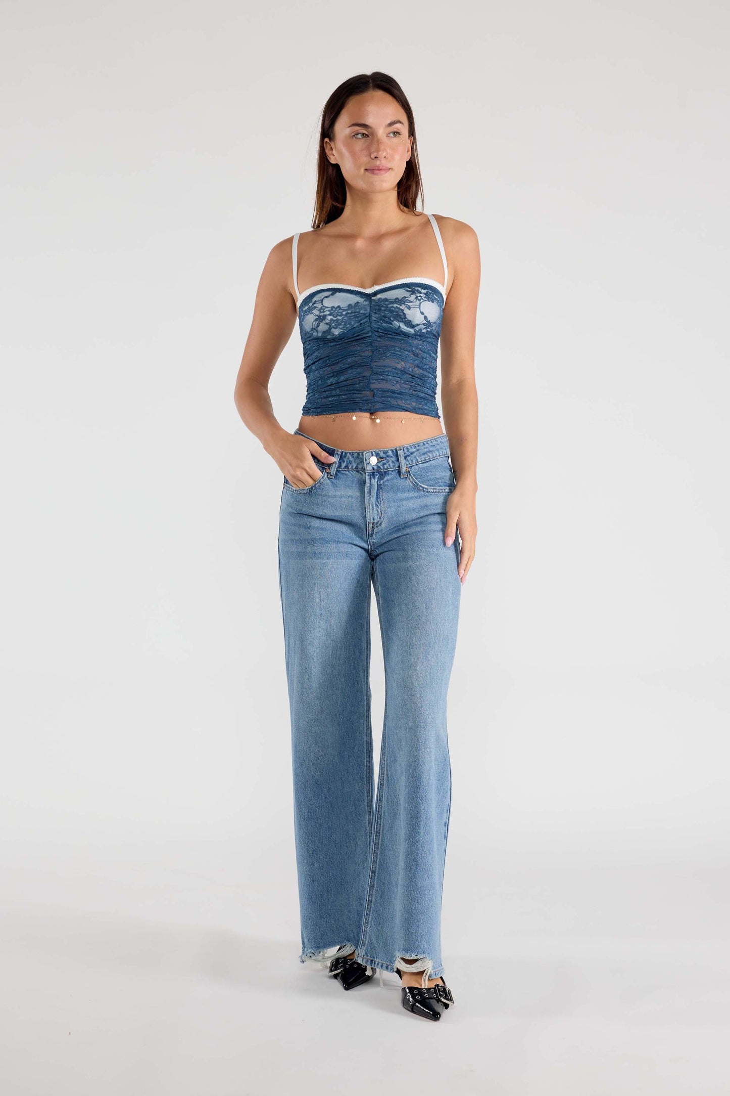 Low Waist Baggy Wide Leg Jeans with Chewed Hem