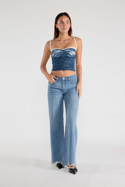 Low Waist Baggy Wide Leg Jeans with Chewed Hem