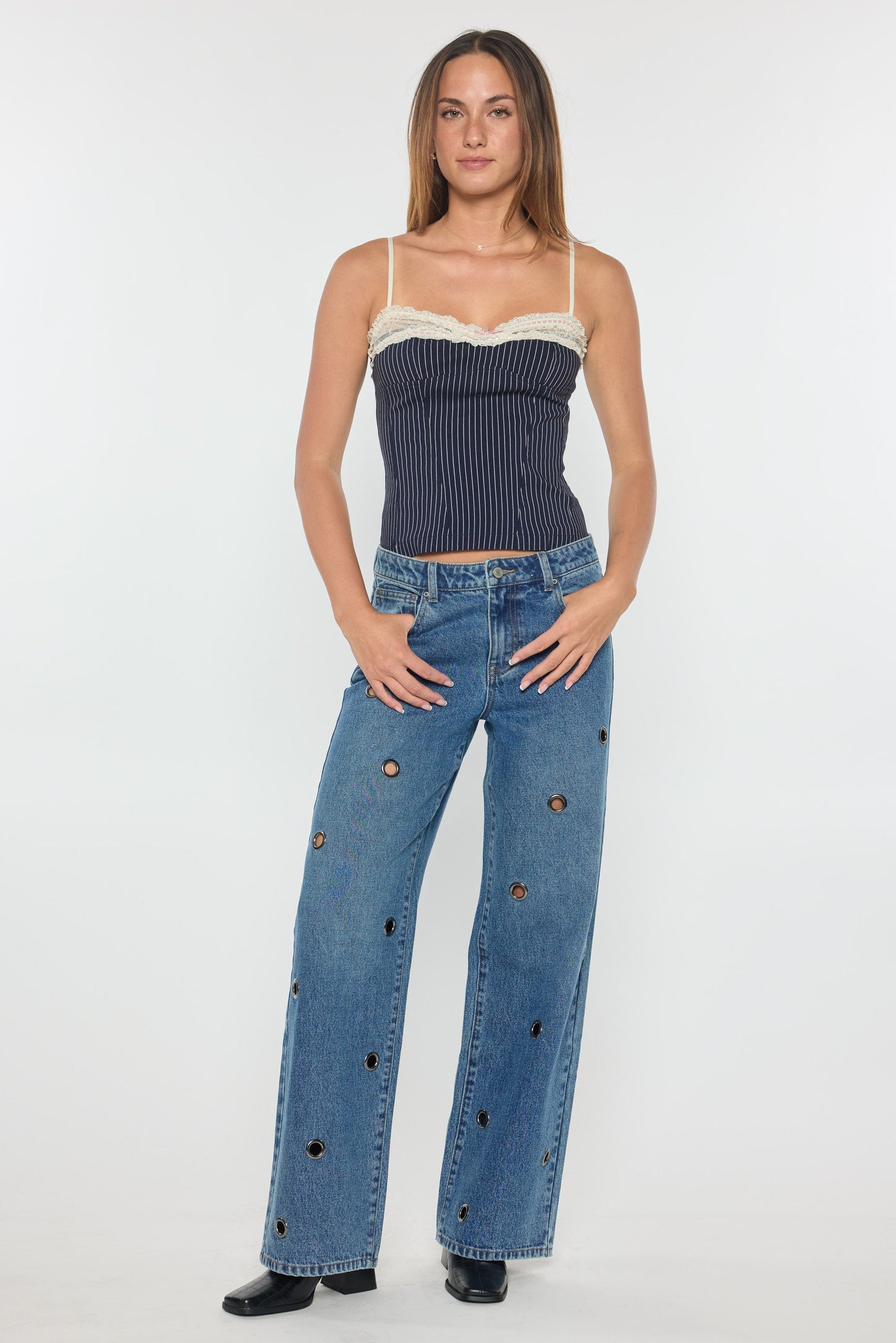 Low Waist Wide Leg Jeans with Big Eyelet Detail