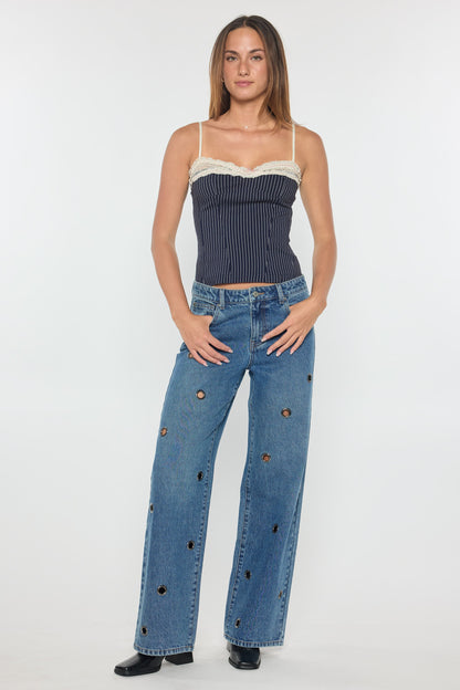 Low Waist Wide Leg Jeans with Big Eyelet Detail