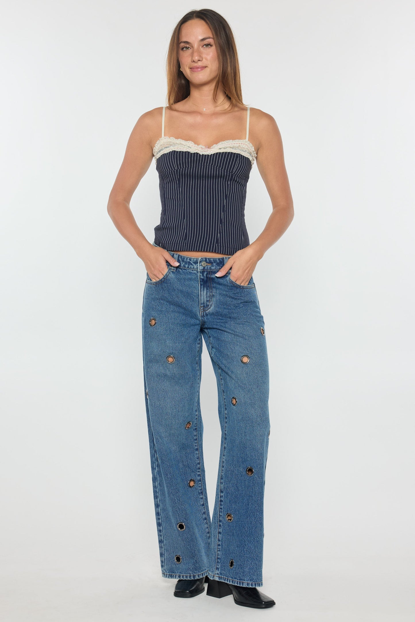 Low Waist Wide Leg Jeans with Big Eyelet Detail