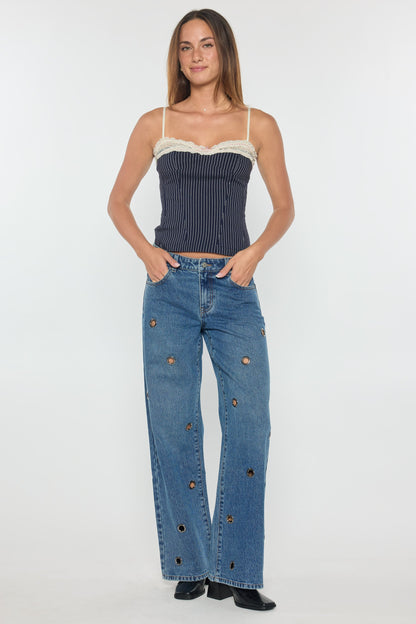 Low Waist Wide Leg Jeans with Big Eyelet Detail