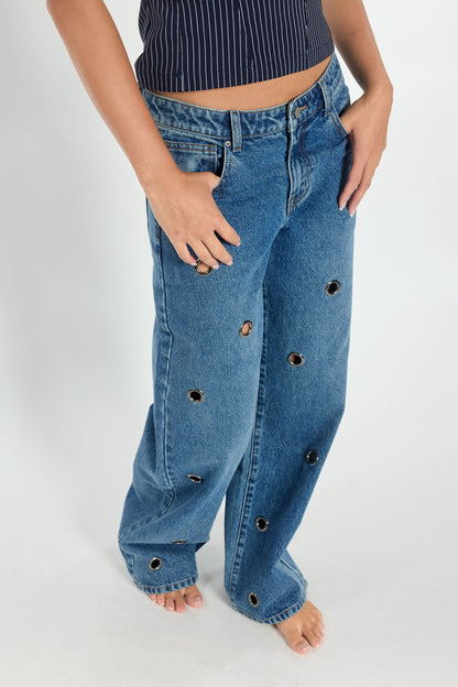 Low Waist Wide Leg Jeans with Big Eyelet Detail