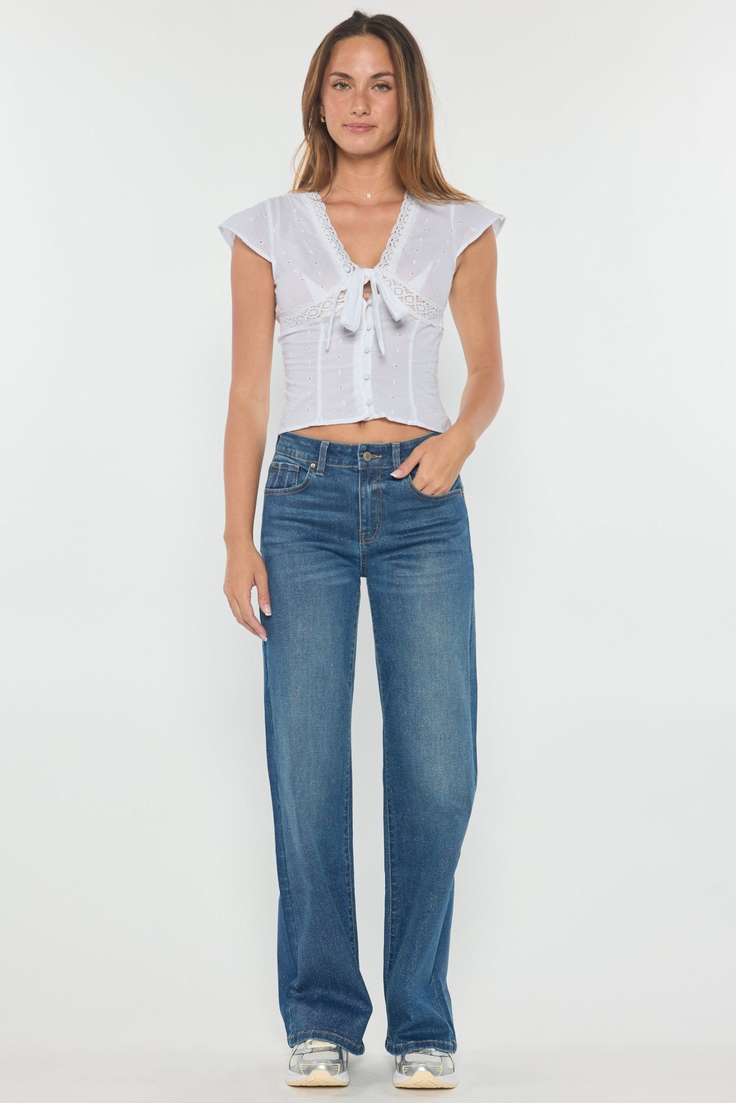 High Rise Wide Leg Jeans with Silver Glitter Effect