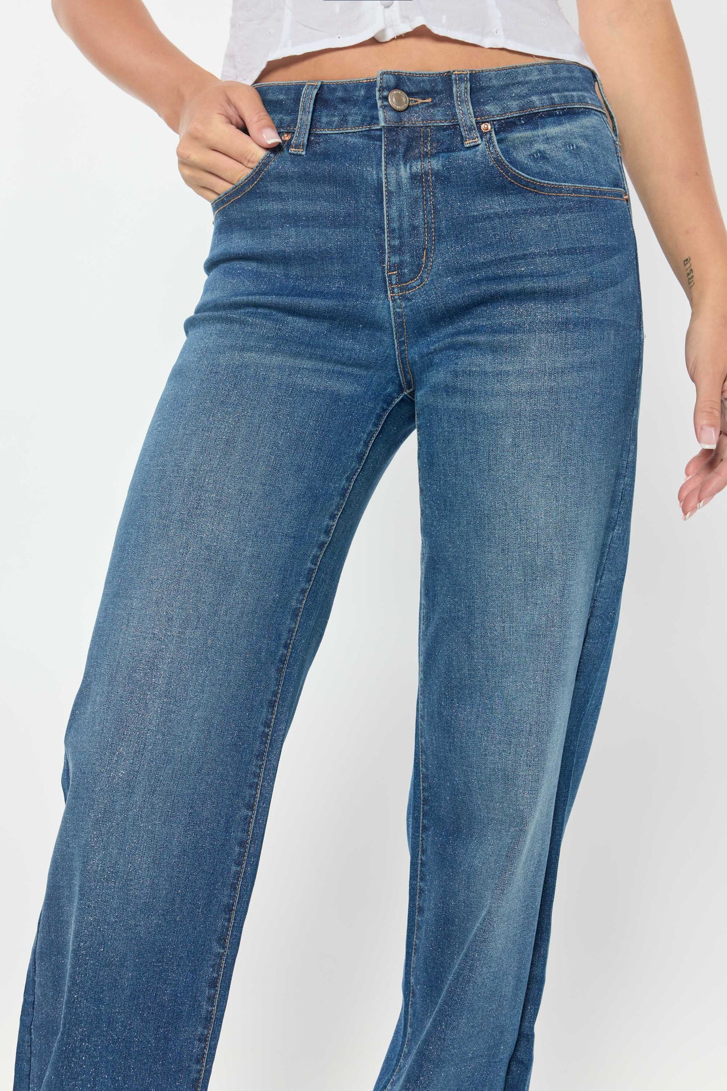 High Rise Wide Leg Jeans with Silver Glitter Effect