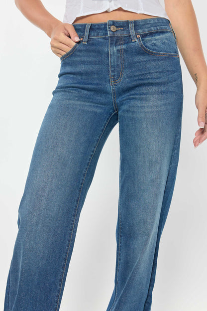 High Rise Wide Leg Jeans with Silver Glitter Effect