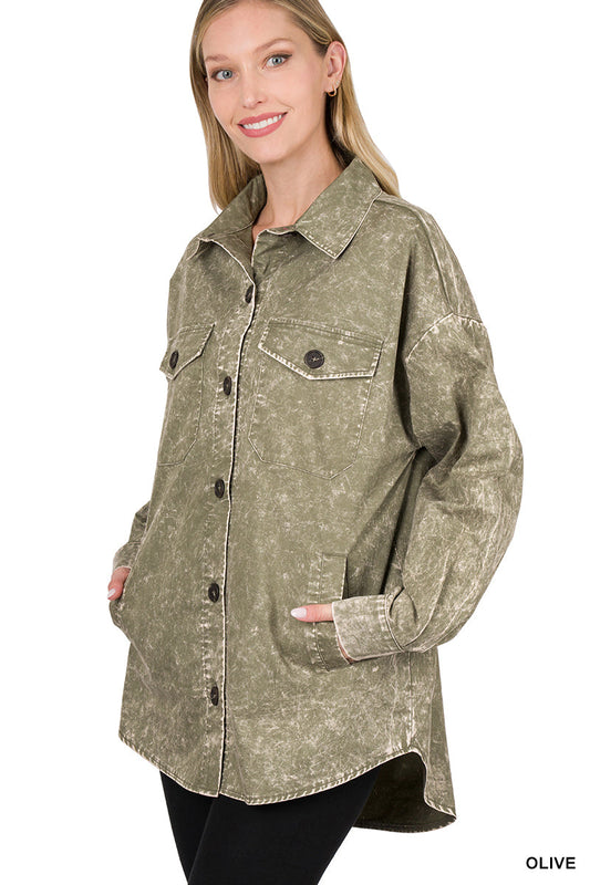 Cotton Woven Oversized Vintage Washed Shacket – Western Layered Style