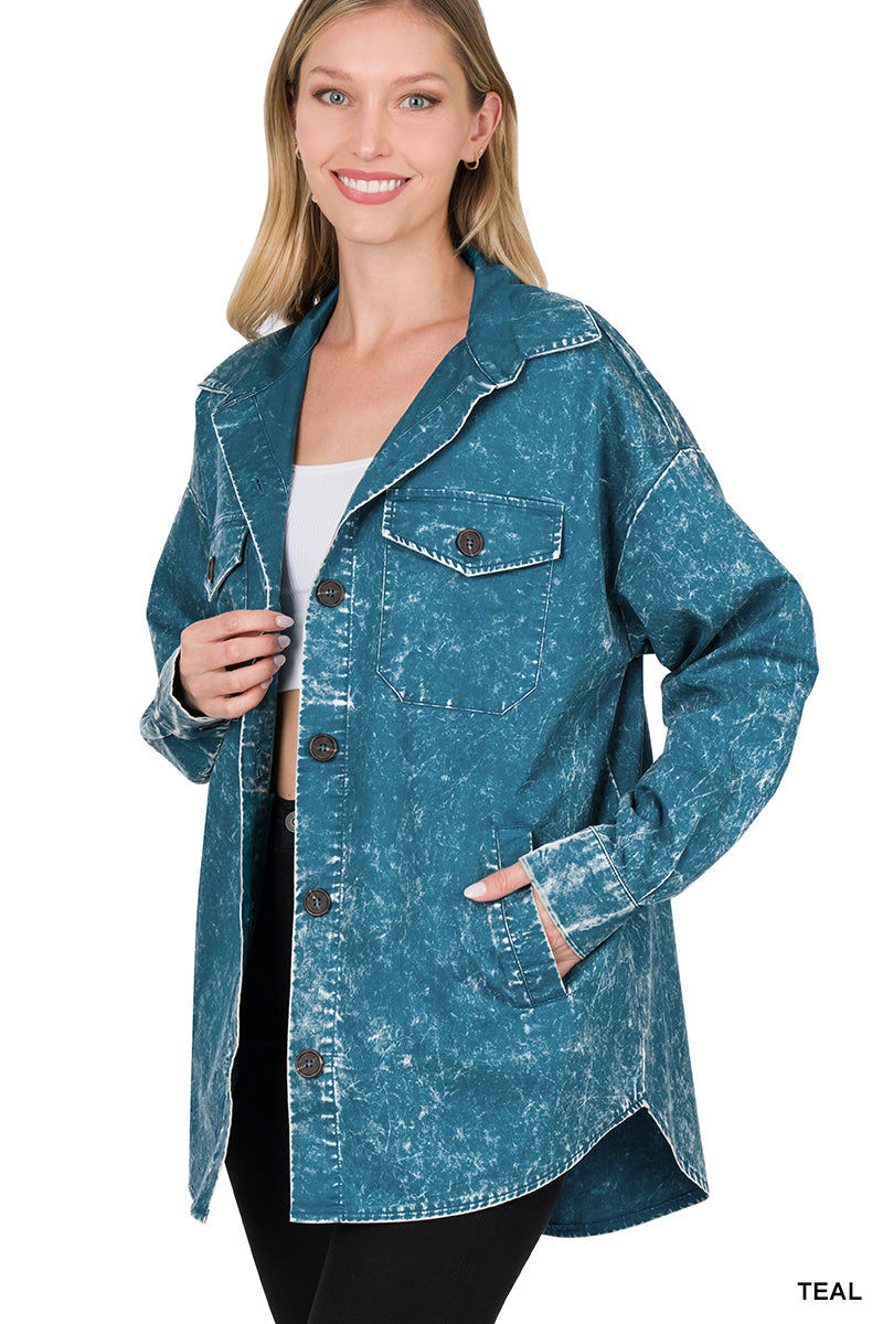 Plus Size Cotton Woven Oversized Vintage Washed Shacket – Western Layered Style