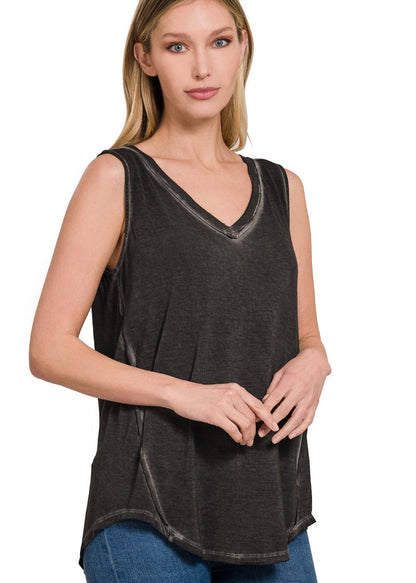 Zenana Washed Sleeveless V-Neck Top – Hi-Low Hem