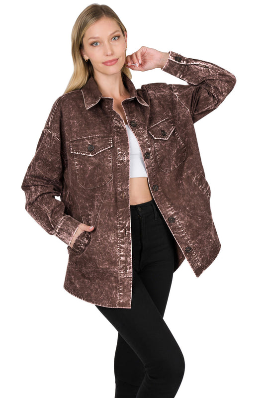 Plus Size Cotton Woven Oversized Vintage Washed Shacket – Western Layered Style