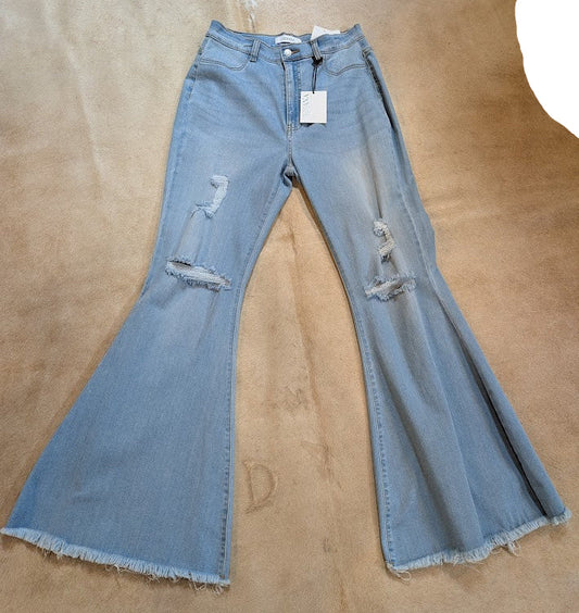 Zenana High Rise Super Flare Jeans – Light Wash Distressed