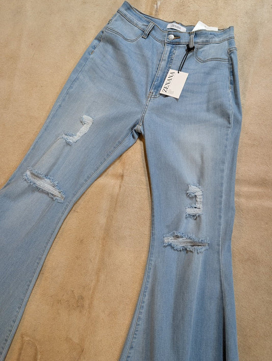 Zenana High Rise Super Flare Jeans – Light Wash Distressed