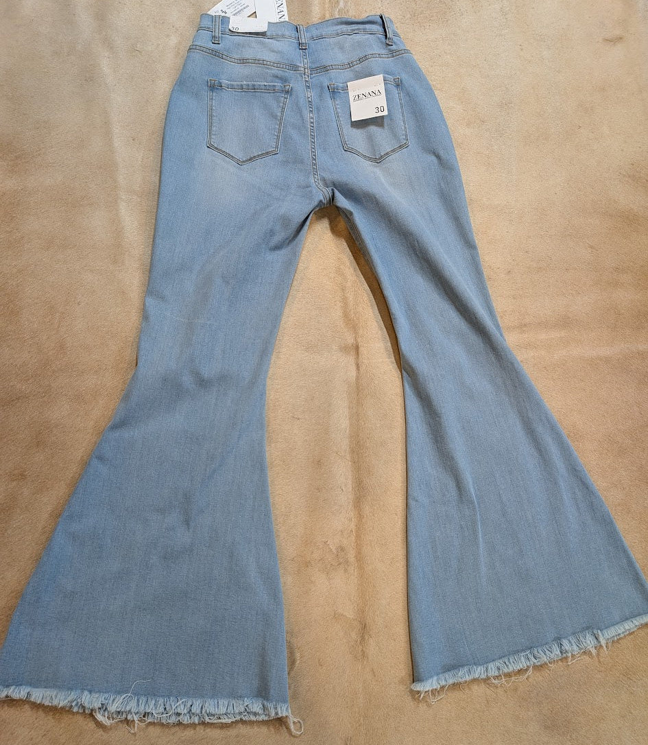 Zenana High Rise Super Flare Jeans – Light Wash Distressed