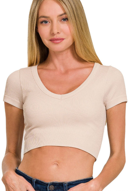 Zenana Ribbed Double Layered Seamless Crop Top- Sand Beige