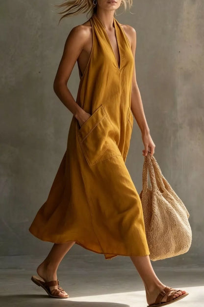 Casual Halter Neck Pocket Midi Dress