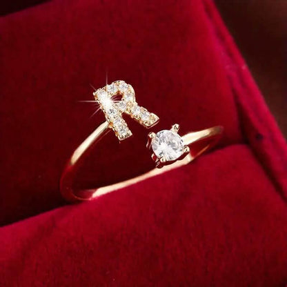 Adjustable Copper Initial Ring with Four-Claw Round Zirconia