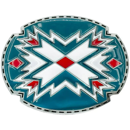 Western Aztec Belt Buckle – Red, White & Teal Southwest Geometric Design