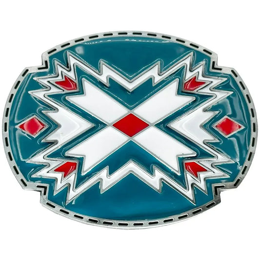 Western Aztec Belt Buckle – Red, White & Teal Southwest Geometric Design