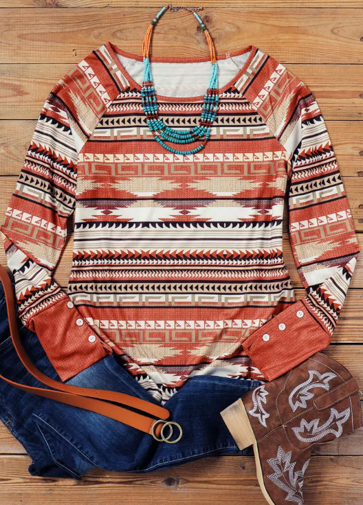 Western Aztec Print Long Sleeve Top with Button Cuff Detail- XL only