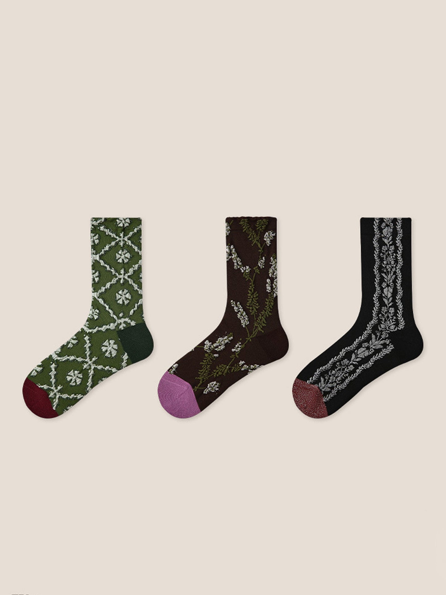Long-Staple Cotton 3-Pair Floral Embossed Slouch Mid-Calf Sock Set