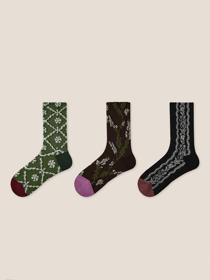 Long-Staple Cotton 3-Pair Floral Embossed Slouch Mid-Calf Sock Set