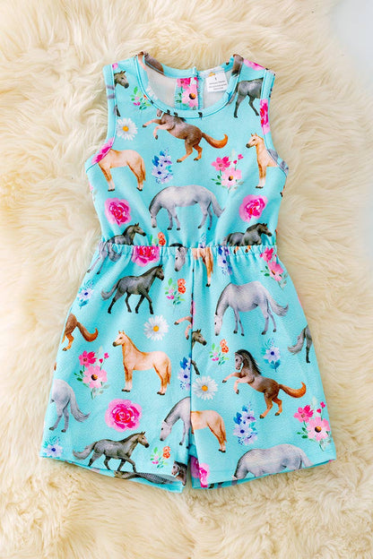 MULTI-PRINTED HORSE ROMPER W/FLOWER PRINT