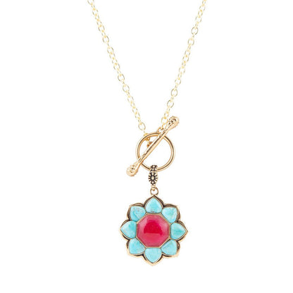 Blue Turquoise and Red Quartz Golden Chain Necklace